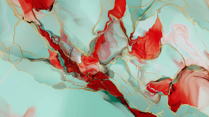Abstract marble pattern texture with mint, red, and gold accents