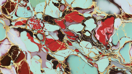 Abstract marble pattern texture with mint, red, black, and gold accents