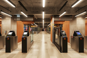 Modern Transit Station Platform Interior with Digital Payment Gates for Contactless Card and Mobile Device Fare Collection System