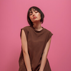 Obraz premium mockup Oversized brown women's sleeveless t-shirt, Japanese female model, isolated on pink studio background, Ai generated images