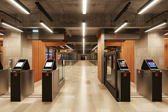 Modern Transit Station Platform Interior with Digital Payment Gates for Contactless Card and Mobile Device Fare Collection System