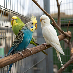 Common pet birds including a parakeet, parrot, and cockatiel.