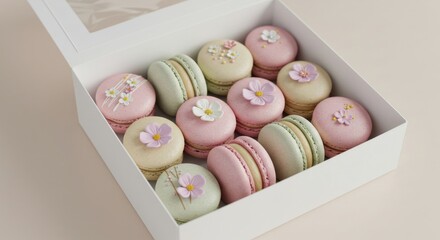 Delicate floral macarons in a white gift box.
