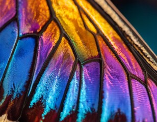 macro close up of an iridescent butterfly wing with vibrant golden magenta and blue reflections intricate textures and mesmerizing natural beauty