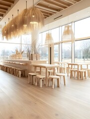 A minimalist dining area with wooden tables and stools, a long bar counter, and large windows