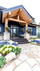 A modern farmhouse exterior with a blue siding and wood accents. The front door is a double glass door with a black frame. There is a stone path leading up to the porch