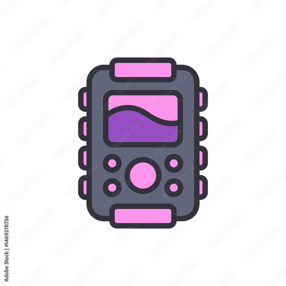 Poster stylized electronic device with screen display and interface buttons design