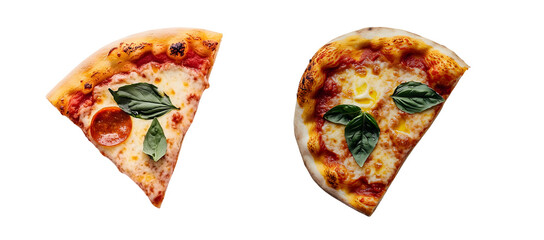Two pieces of pizza, with melted cheese and toppings, presented as a food photography.