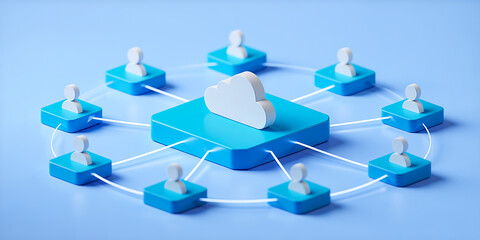 Cloud computing concept. Cloud server and users. Top view of many wood cubes with computer icons