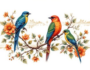 Colorful Birds on Floral Branch Illustration