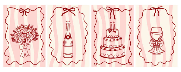 Wedding ceremony invitation cards with champagne bottle, cake and flowers. Hand drawn fancy greeting cards. Sketch.