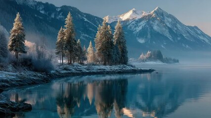 Frozen lake reflecting snowy mountain peaks. Frosted trees line the shore. Calm, serene winter scene - Powered by Adobe