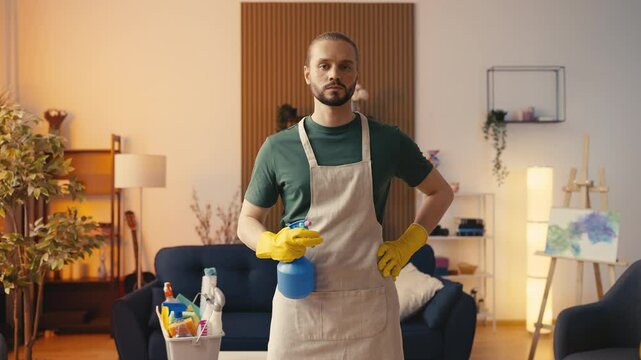 Sequence of cleaning service worker preparing for job, ready for tasks
