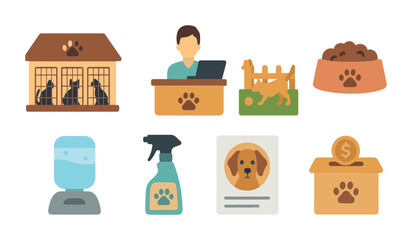 Pet care flat icons set – veterinary, grooming, animal care symbols