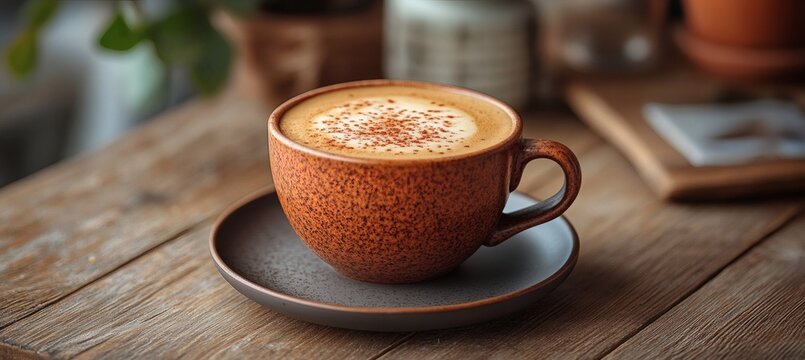 Maroon ceramic coffee cup with foamy top on matte saucer against neutral surface highlighting soft lighting comfort mood warm tones and tasteful beverage presentation,
