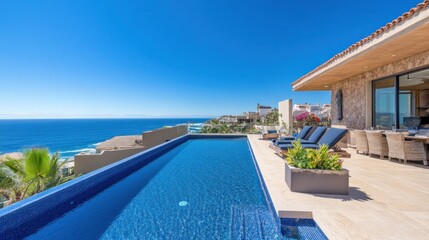 Fototapeta premium Luxury Villa Retreat with Infinity Pool Overlooking the Ocean on Vacation