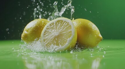 Fresh lemons with water splashes on a green surface.