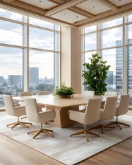 A spacious, modern conference room with large windows offering a panoramic city view, featuring a long wooden table surrounded by white chairs and a large potted plant