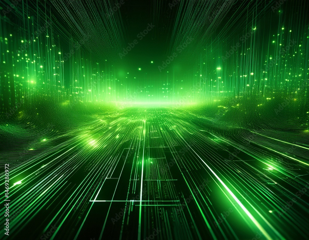 Wall mural abstract green digital background with glowing lines and particles perfect for tech themes and futur
