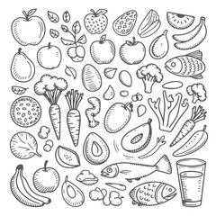 Set of nutrition doodle on white background. Hand drawn abstract doodle isolated on white background.
