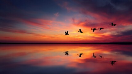Fototapeta premium Silhouette of Birds Flying at Sunset Over a Peaceful Horizon