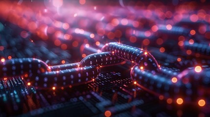 Abstract visualization of a blockchain technology network featuring a flowing digital mesh structure. The image displays interconnected nodes with glowing purple and pink light connections