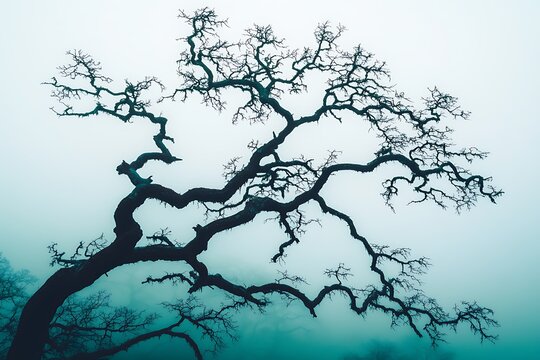 Ancient gnarled tree silhouette in misty fog dramatic nature scene atmospheric landscape