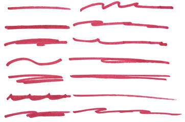 Set of hand drawn red marker line design element, grunge strokes, doodle lines underline scribble