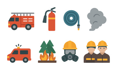 Fototapeta premium Fire safety flat icons set – emergency, rescue, firefighting symbols for prevention