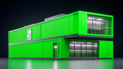 Modular Green Data Center Container - Modern, eco-friendly data center solution. Two stacked shipping containers, bright green, offer ample server space. Secure and efficient design