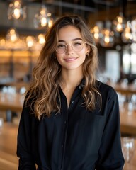 A young woman with long brown hair smiles at the camera, wearing a black shirt and glasses, in a dimly lit bar