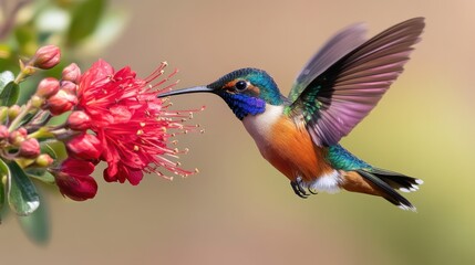 A vibrant hummingbird hovering near a bright red flower, its wings beating rapidly and iridescent feathers shimmering in the sunlight.