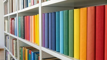 Fototapeta premium Colorful Books Various Sizes Neatly Arranged on Wooden Shelf Bright Diverse Covers