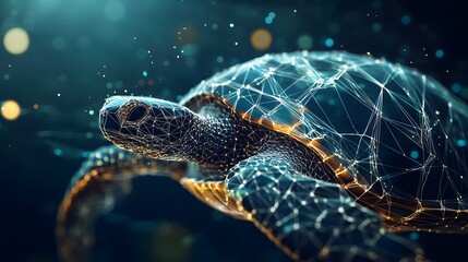 Obraz premium Turtle Shell in Dots: A turtle slowly moving, with its shell's intricate patterns represented by geometric dots and lines, highlighting the texture. 