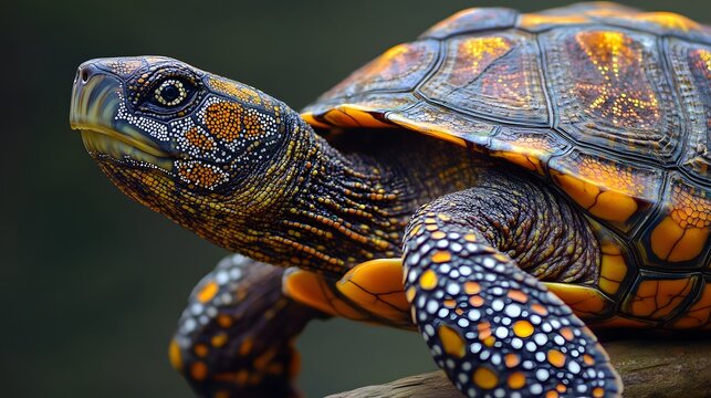 Turtle Shell in Dots: A turtle slowly moving, with its shell's intricate patterns represented by geometric dots and lines, highlighting the texture. 
