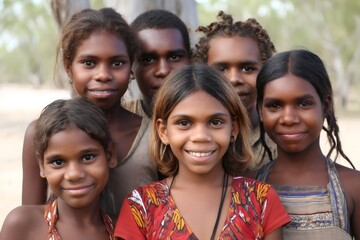 Group of aboriginal australian children smiling together outdoors