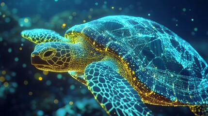 Fototapeta premium Turtle Shell in Dots: A turtle slowly moving, with its shell's intricate patterns represented by geometric dots and lines, highlighting the texture. 