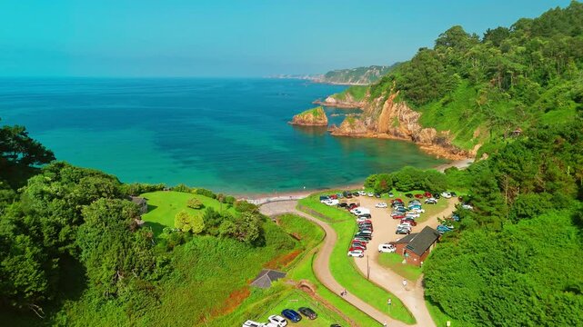 Aerial view of a Ermita de la Regalina on the steep cliffs in Asturias, Spain