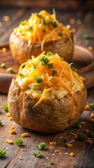 Aromatic shredded cheese artfully scattered on a warm baked potato