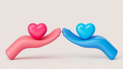 Concept image of gender equality. Pink hand holding pink heart and blue hand holding blue heart