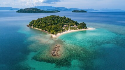 Obraz premium Aerial View of a Tropical Island Paradise with Turquoise Waters and Lush Greenery Offering an Escape to Serenity and Tranquility