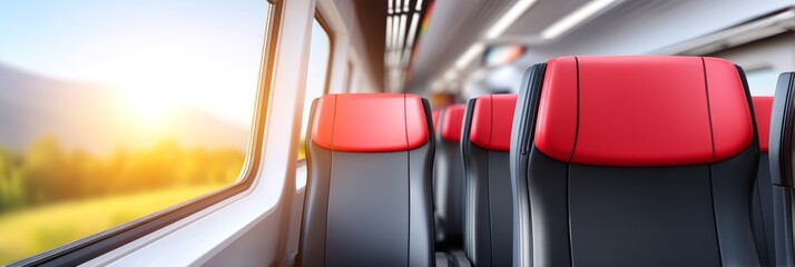 Scenic Train Journey Comfort - Modern train seats offering a comfortable and scenic view. Sunlight streams through the window, highlighting the beautiful landscape outside