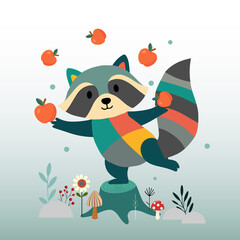 Fröhlicher Waschbär jongliert mit Äpfeln auf einem Baumstumpf, umgeben von Pflanzen, Blumen und Pilzen. Bunte, verspielte Vektorillustration mit hellem Hintergrund in kindlichem Stil.