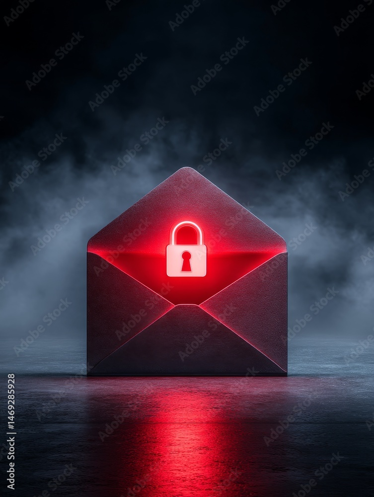 Poster secure email communication - glowing red padlock icon inside a dark envelope, symbolizing secure ema