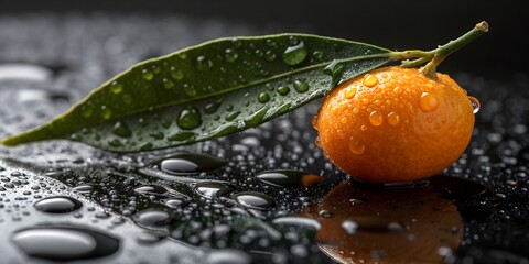Single Kumquat with Dew Drops on Leaf and Reflective Surface