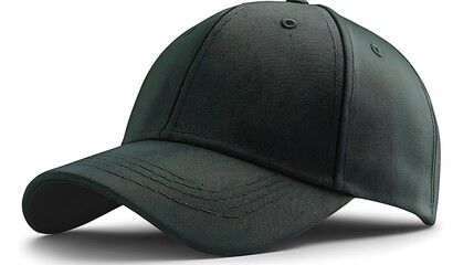 Dark green baseball cap, angled view,  shot.