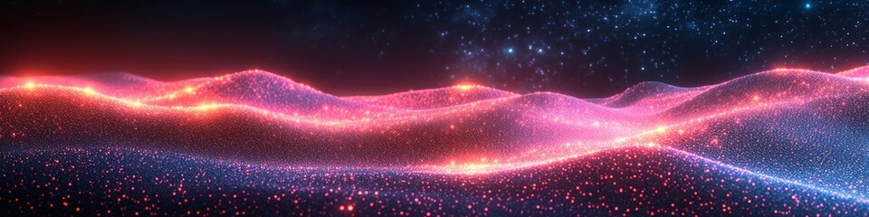 Fototapeta premium Premium wide-format visualization of blockchain technology network featuring a flowing digital mesh structure with glowing purple and pink connections. This is AI Generated LinkedIn banner