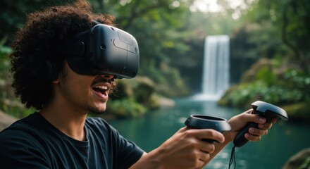 Person wearing vr headset with controllers in outdoor scene