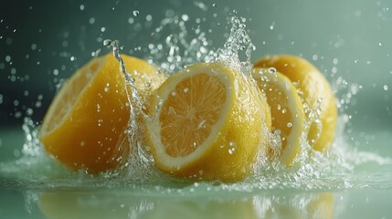 Freshly cut lemons in vibrant water splashes.
