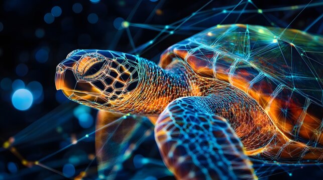 Turtle Shell in Dots: A turtle slowly moving, with its shell's intricate patterns represented by geometric dots and lines, highlighting the texture. 
